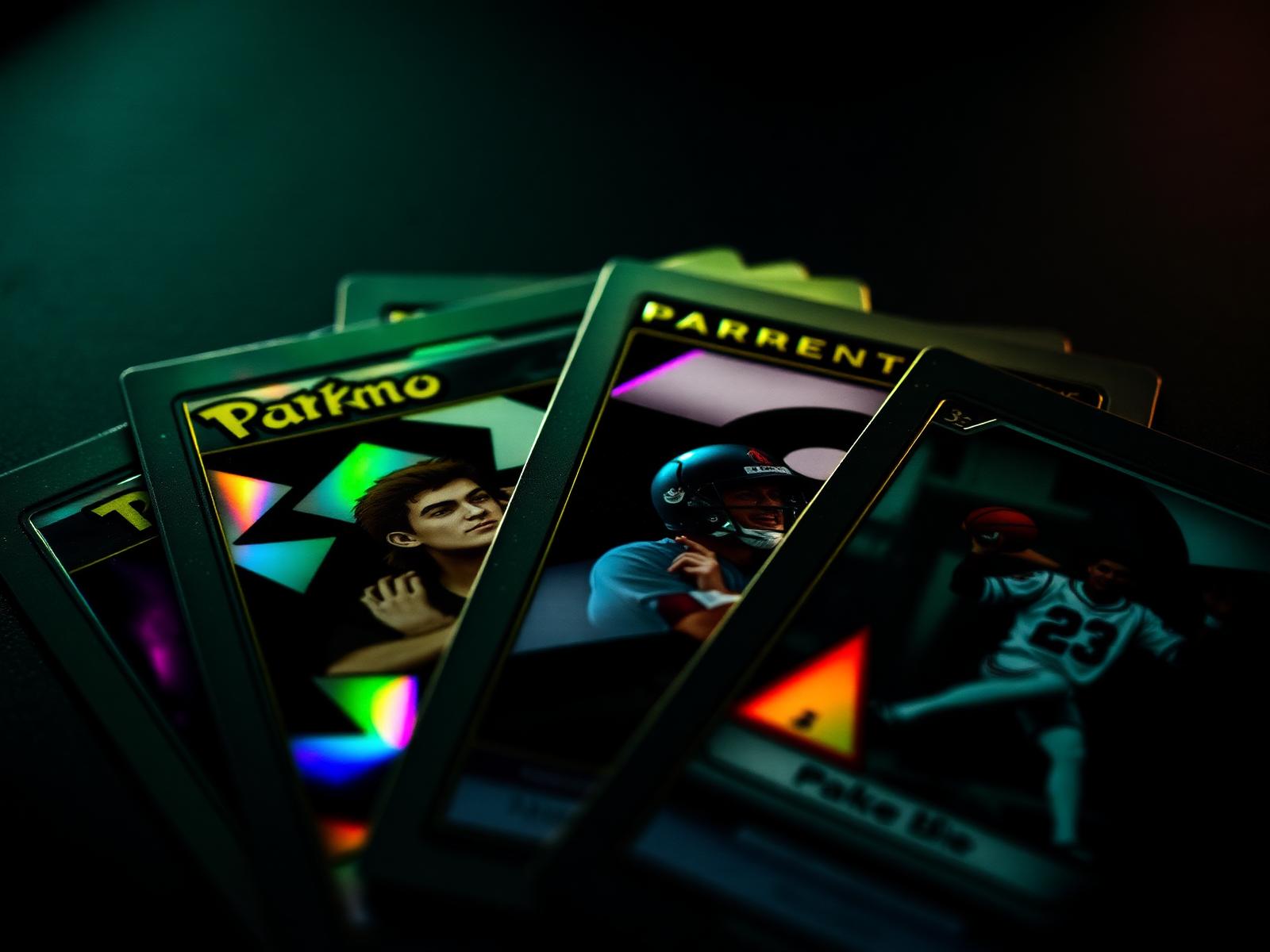 Fanned Pokémon and sports cards with holographic foil