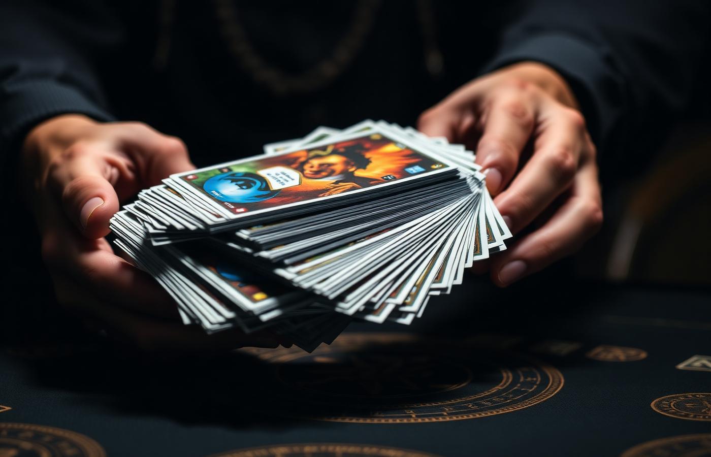 Stack of trading cards being handed over